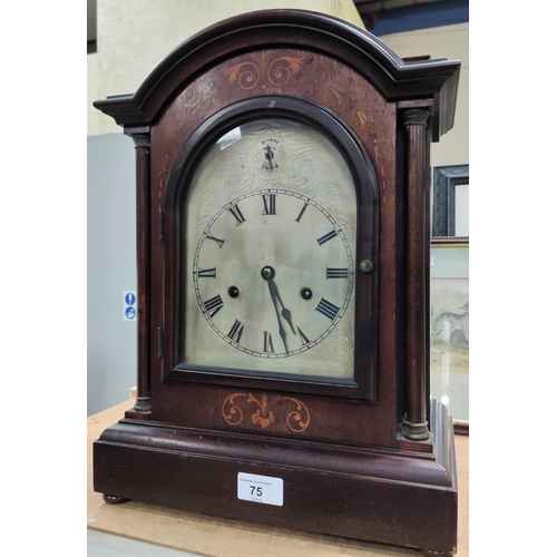 75 - An early 20th century mahogany mantel clock, 8 day striking movement, inlaid decoration to case, 42c... 