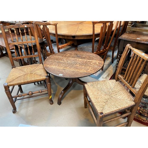 954 - 2 rush seat chairs and an oak occasional table