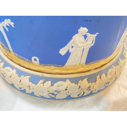 472 - A Wedgwood light blue Jasperware large vase, height 31 cm; a fruit bowl and covered stilton dish (cr... 