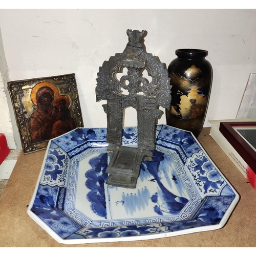 100C - A Virgin and child icon, a piece of Asian metal ware;   a lacquer vase and a Chinese blue and white ... 