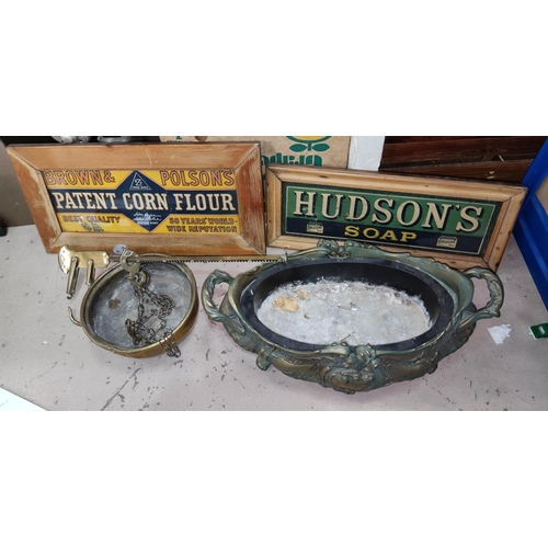 100D - A metal jardiniere; a pair of brass scales and two framed advertising prints