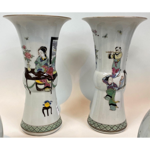 414 - A pair of Chinese porcelain Gu form vases with enamelled genre decoration, 21cm (Good condition); a ... 