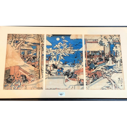 400A - A Japanese wood block Triptych after Utagawa Sadahide Samurai attacking, framed and glazed, each 35 ... 