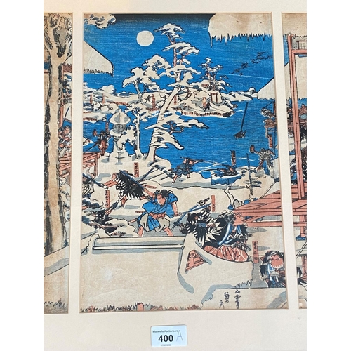 400A - A Japanese wood block Triptych after Utagawa Sadahide Samurai attacking, framed and glazed, each 35 ... 