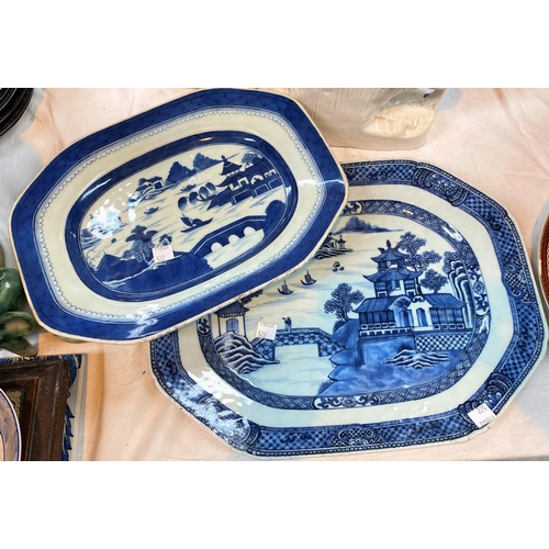 522 - A Chinese blue & white canted meat dish with traditional scene, 36 cm; another similar; a select... 