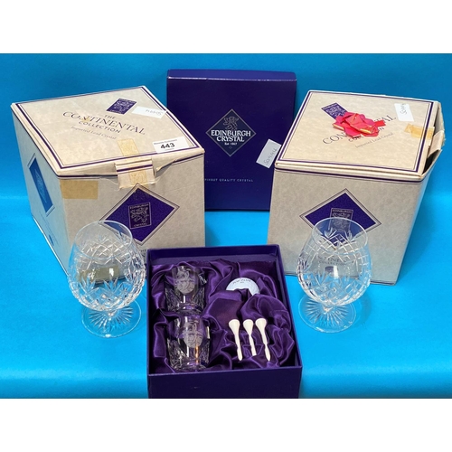443 - An Edinburgh glass golf gift set and four boxed brandy glasses.