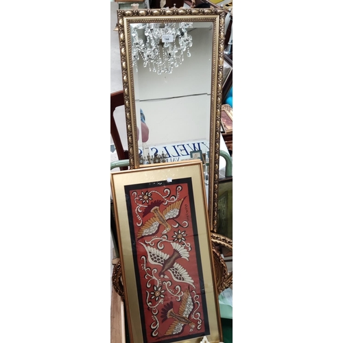 144 - A full length gilt framed wall mirror and 2 other mirrors; 2 modern oil paintings, prints etc
