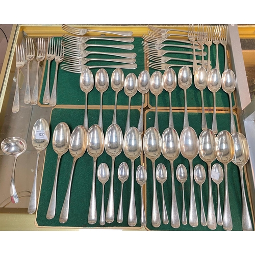 637 - A part canteen of hallmarked silver rat-tail cutlery including 12 tablespoons; 11 dessert spoons; 7 ... 