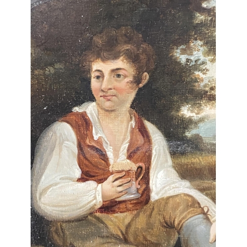 763 - A 19th century school farm worker resting with a pint of ale, oil on board, unsigned; a framed print
