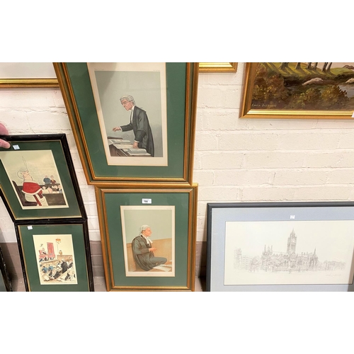 795 - Two Spy prints of lawyers, framed and glazed; a pair of similar prints; a Geldart limited edition si... 