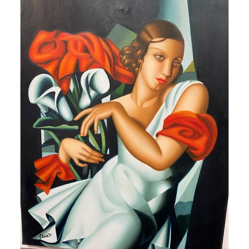 798 - P Evans:  Portrait of a woman in the manner of Temara de Lempicka, oil on canvas, signed, 60 x ... 