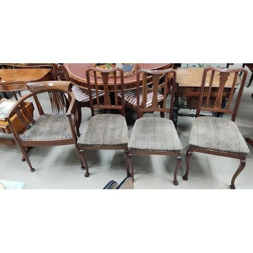 825 - An Edwardian inlaid mahogany mahogany corner armchair and 3 bedroom chairs; a fire screen with woven... 