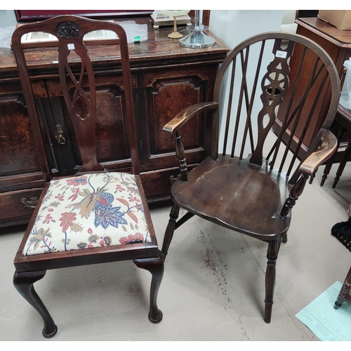 854 - Three Queen Anne style dining chairs; a pair of Victorian mahogany dining chairs; a wheel back armch... 