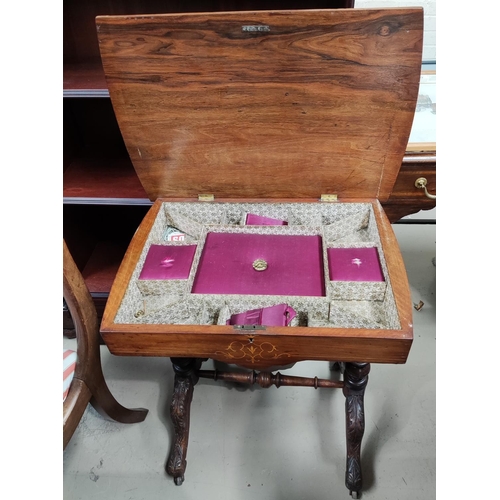 954A - An inlaid rosewood sewing table with hinged lid