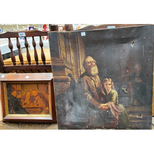 757 - A 19th century oil:  old blindman and girl, unframed (a.f.); a small 19th century oil:  3 ... 