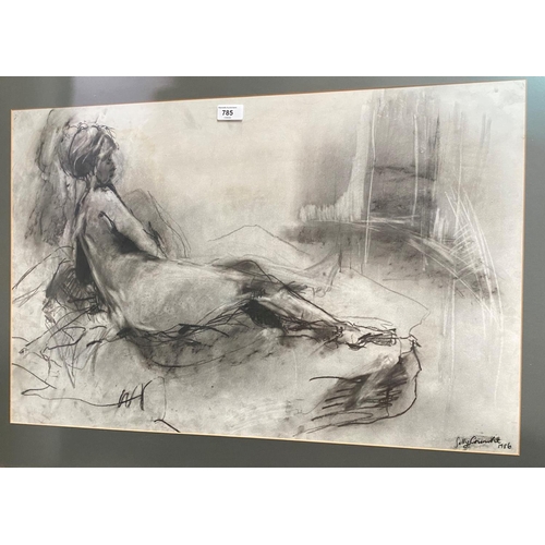 785 - 20th Century:  reclining female nude, charcoal sketch, signed indistinctly, 89 x 75 cm, framed ... 