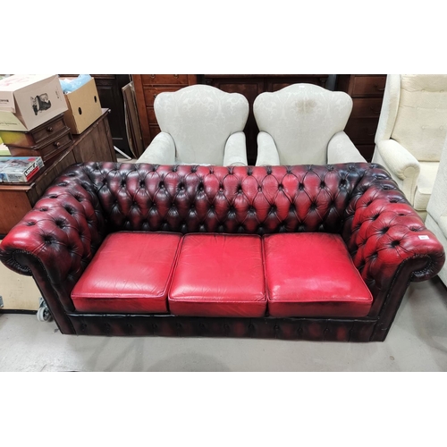 867 - A traditional Chesterfield 3 seater settee in deeply buttoned oxblood hide