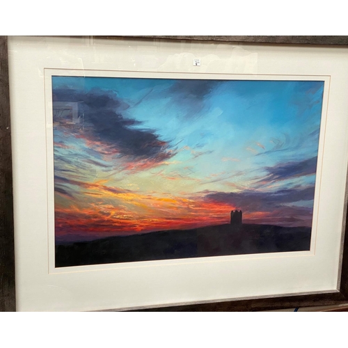 783A - Local painting, Lyme Cage at sunset in silvered frame, signed indistinctly 
