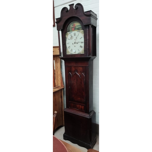 849 - A 19th century mahogany longcase clock, with arched painted dial, 8 day movement, original door key