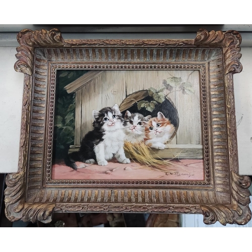 818 - G Williams: oil on board, 3 kittens in small wooden hut, in the manner of Julius Adams, signed, gilt... 
