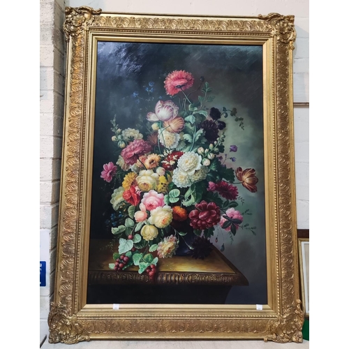 820 - Mielof: oil on board, still life of flowers in vase, signed, 89 x 59 cm, in antique style gilt frame