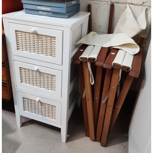 845 - A pair of 'director's' folding chairs; a 3 height cane and white bedside cabinet