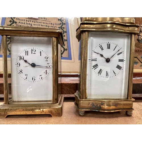 121A - Two French brass carriage clocks enamel faces, (in need of restoration)