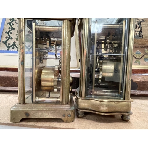 121A - Two French brass carriage clocks enamel faces, (in need of restoration)