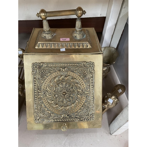 123 - A Victorian brass coal scuttle , 2 other pieces of brass and 3 pictures