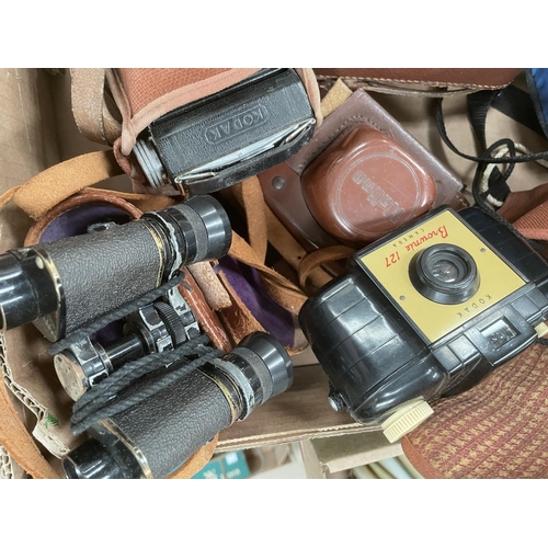 126 - A selection of vintage field glasses, binoculars and cameras etc (6 items)