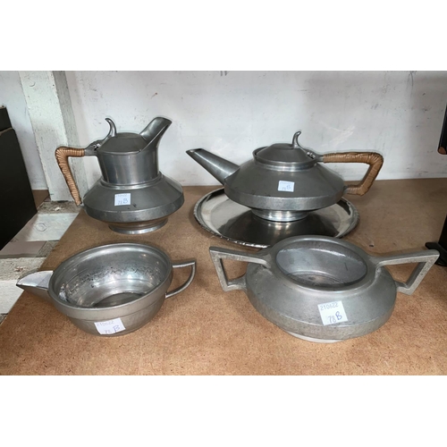 78B - An Arts and crafts pewter tea set, a KSIA dish etc