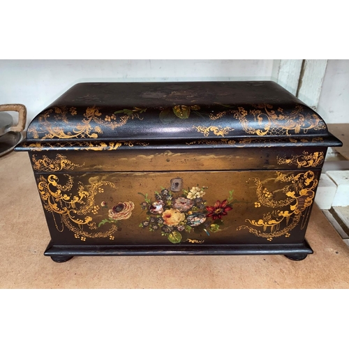 80 - A mid Victorian painted black lacquer 2 division tea caddy with shell inlay and original cut glass b... 