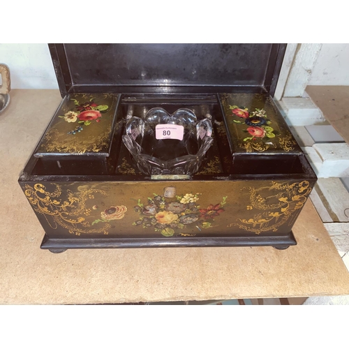80 - A mid Victorian painted black lacquer 2 division tea caddy with shell inlay and original cut glass b... 