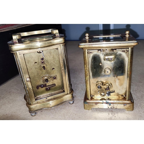 121A - Two French brass carriage clocks enamel faces, (in need of restoration)