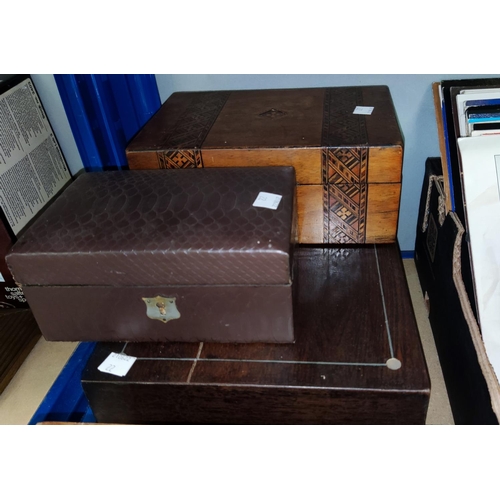 22 - A 19th century walnut lap desk; a rosewood lap desk (top split); 2 other boxes