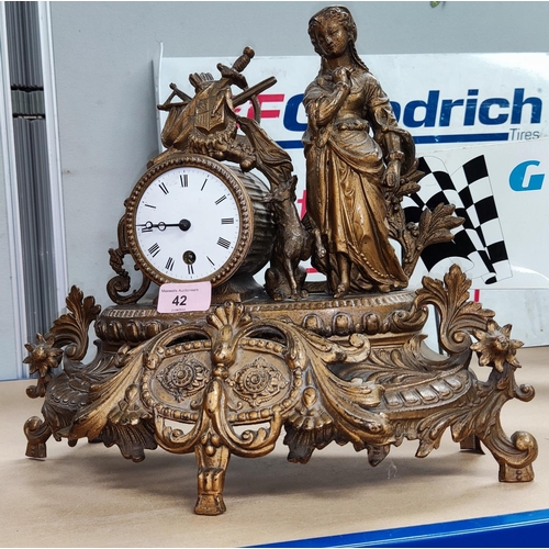 42 - A 19th century French mantel clock in gilt case, decorated with shepherdess, white enamel dial