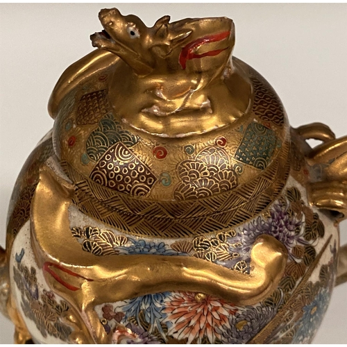 421 - A Japanese Satsuma earthenware dragon teapot , 17cm and a matching sugar basin (lid damaged)
