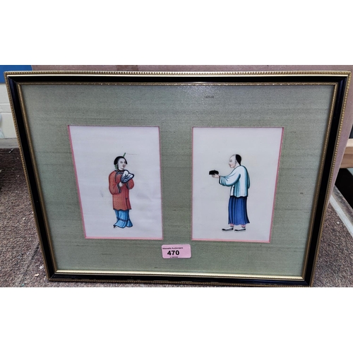 470 - 19th century Chinese School watercolour of figures on rice paper, two framed together, labelled en v... 
