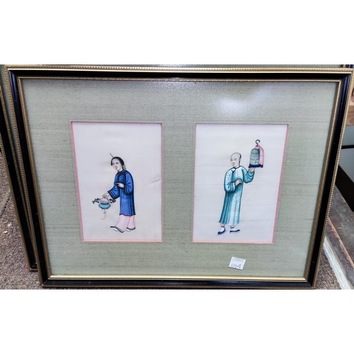 470A - 19th century Chinese School watercolour of figures on rice paper, two framed together, labelled en v... 