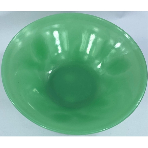 535 - An Art Deco green moulded glass bowl with stand, Reg. No. 777133, 27cm diameter 