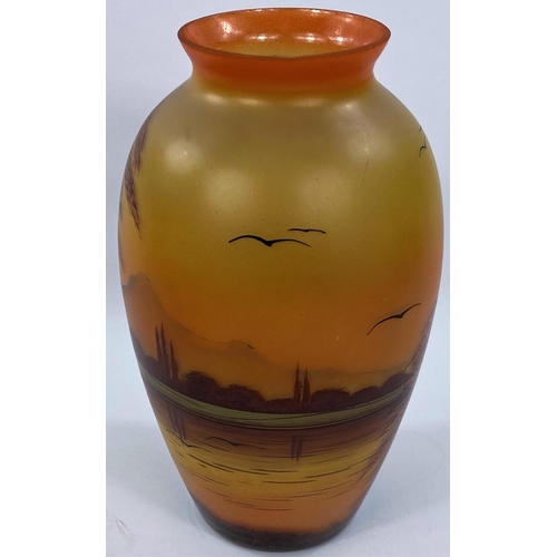 536 - A 1920's French enamelled ovoid vase, sunset scene with stag, signed JOMA, with paper label