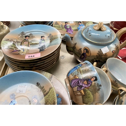 544 - A Japanese eggshell porcelain tea service, hand decorated with figures, each piece with an individua... 