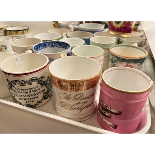 556 - A large collection of Victorian mugs, 40 approx, many hand painted and with dedications in gilt