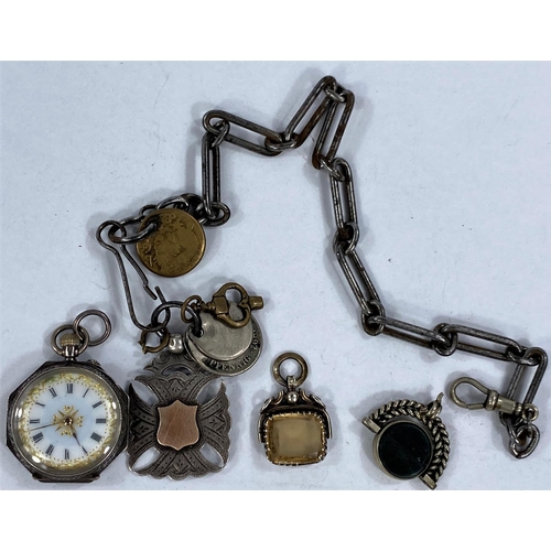 688A - a selection of hallmarked silver fobs, ladies pocket watches with steel trombone Albert chain etc.