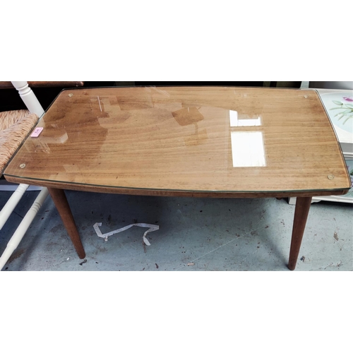 912 - A teak 1960's tapering tin leg coffee table and an oak occasional table/book stool