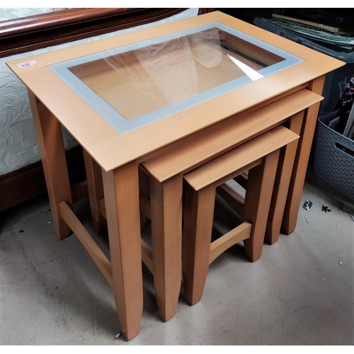 928 - A modern light oak nest of 3 tables with one glass topped