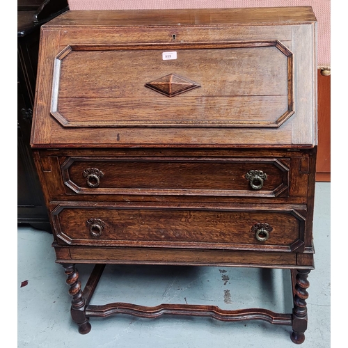 959 - A 1930's period style oak, fall front bureau with 2 drawers and barley twist legs.