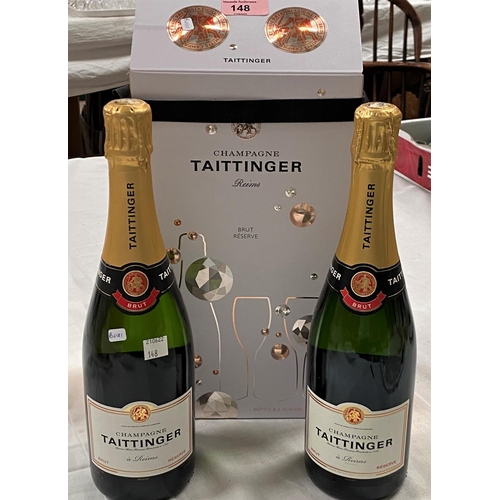 148 - A bottle of Taittinger Reims Champagne and 2 glasses, as a boxed set; another bottle of Taittinger