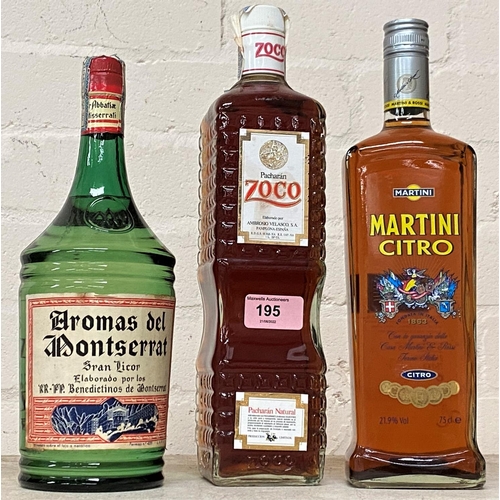195 - One litre Zoco Pacharan liqueur; Aromes del Montserrat licor; Martini Citro