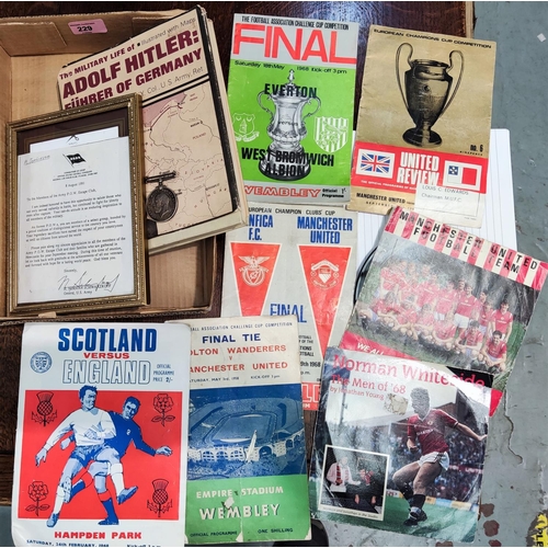 229 - A selection of 1950's and later football programmes, Bolton v MUFC; etc.; a WWI medal Pte J Morris; ... 